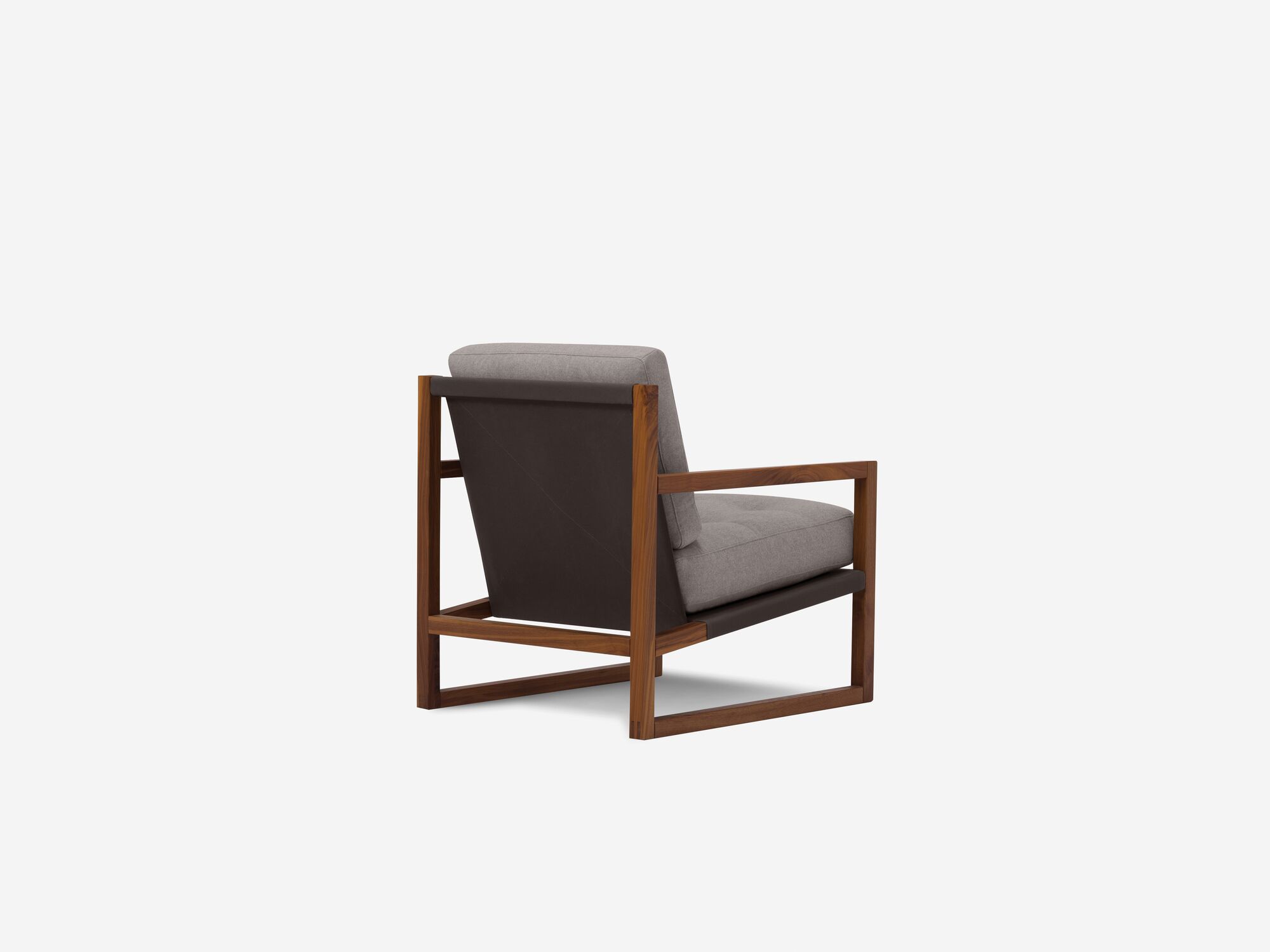Grey and walnut tufted lounge chair back angle view